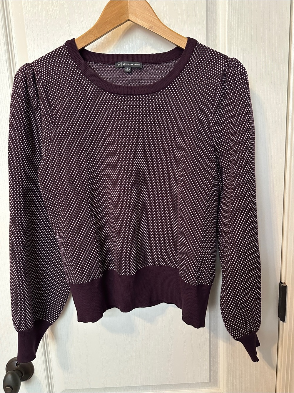 Adrianna Papell Burgundy and Cream Dot-Pattern Crewneck Sweater